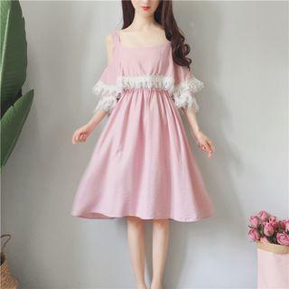 Frill Trim Cut Out Shoulder Elbow Sleeve Dress