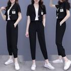 Set: Short-sleeve Cropped Blazer + Cropped Pants