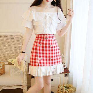 Set: Off-shoulder Ruffle Trim Top + Mini Plaid A-line Skirt