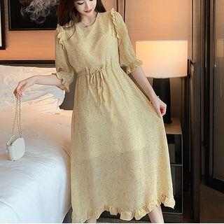 Balloon-sleeve Geometric Print Midi Chiffon Dress