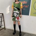 Print Color-block Short-sleeve Knit Dress Green - One Size
