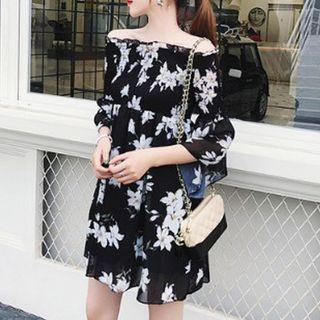 3/4-sleeve Off Shoulder Floral Print Mini Dress