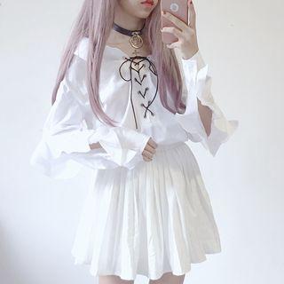 Ruffled-trim Lace-up Shirt White - One Size