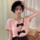 Short-sleeve Bow Accent Blouse Pink - One Size