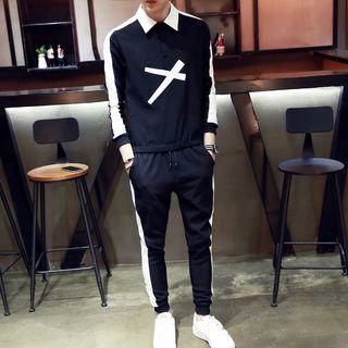 Set: Contrast Trim Long-sleeve Polo Shirt + Sweatpants