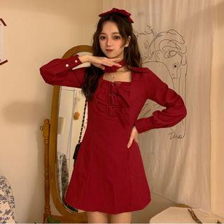 Long-sleeve Mini A-line Dress Red - One Size