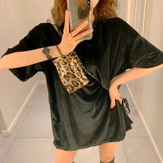 Leopard Print Pocket Short Sleeve Velvet Top