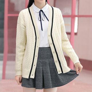 V-neck Contrast Trim Cardigan Off-white - One Size