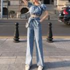 Set: Off-shoulder Washed Denim Blouse + Wide Leg Jeans