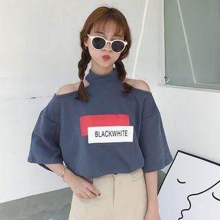 Cold Shoulder Lettering Short-sleeve T-shirt