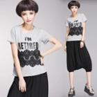 Short-sleeve Lace Panel Lettering T-shirt