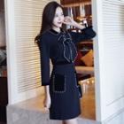 Bow Accent Beaded 3/4-sleeve A-line Dress