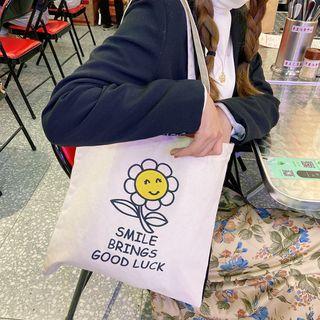 Floral Canvas Tote Bag Smiley Flower - White - One Size