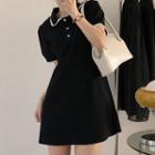 Puff-sleeve Polo Neck Mini A-line Dress Black - One Size