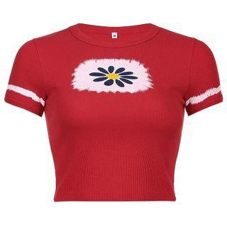 Short-sleeve Planet Print Cropped T-shirt