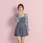 Long-sleeve Floral Print Swim Dress / Pouch / Set