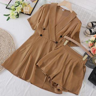 Set Of 2 : V-neck Short-sleeve Dress + Shorts