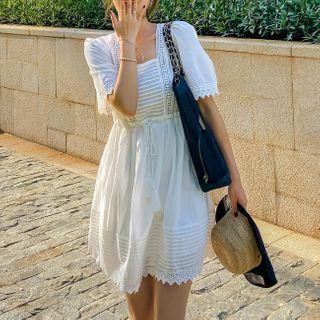Crochet Trim Short-sleeve Square-neck Mini A-line Dress