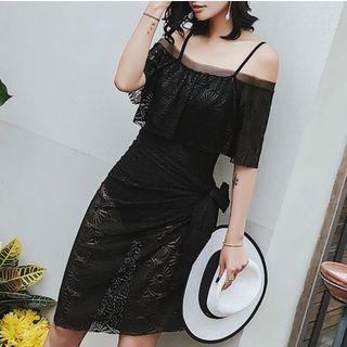 Set: Off-shoulder Elbow-sleeve Swimsuit + Cover-up