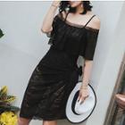 Set: Off-shoulder Elbow-sleeve Swimsuit + Cover-up