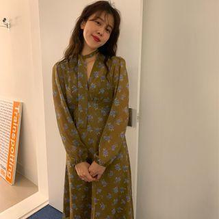 Long-sleeve Floral Print Midi Dress Brown - One Size