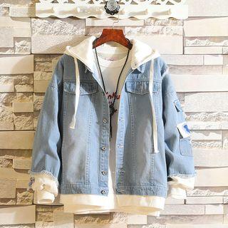 Mock Two-piece Distressed Hooded Denim Jacket