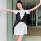Mock Two-piece Short-sleeve Panel Knotted Camisole Top T-shirt Dress