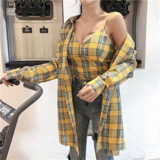 Set : Plaid Camisole Top + Plaid Long-sleeve Shirt