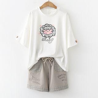 Set: Sheep Print Short-sleeve T-shirt + Drawstring Shorts White - One Size