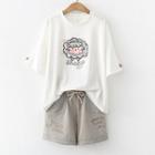 Set: Sheep Print Short-sleeve T-shirt + Drawstring Shorts White - One Size