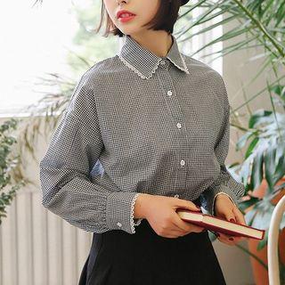 Long-sleeve Lace-trim Check Shirt