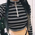 Striped High-neck Long-sleeve Cropped Top