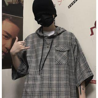 Plaid 3/4-sleeve Hooded T-shirt