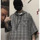 Plaid 3/4-sleeve Hooded T-shirt