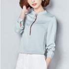 Long-sleeved Stand Collar Loose-fit Plain Slim Blouse