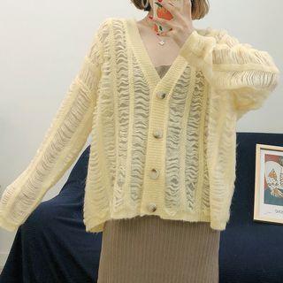 Eyelet Knit V-neck Cardigan Light Yellow - One Size