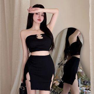 Set: Cutout Bandeau Top + Slit Mini Pencil Skirt