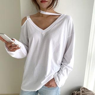 Choker V-neck Cotton T-shirt White - One Size