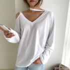 Choker V-neck Cotton T-shirt White - One Size