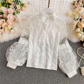 Lace-detail Stand-collar Long-sleeve Shirt