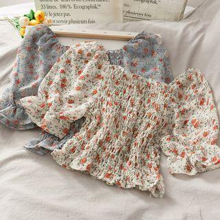 Wide-neck Floral Smocked Crop Top In 6 Colors