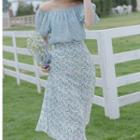 Puff-sleeve Off-shoulder Blouse / Print Midi A-line Skirt