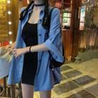 Pocket Detail Elbow-sleeve Denim Shirt As Shown In Figure - One Size