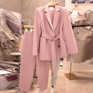 Set: Tie-waist Blazer + Cropped Straight-fit Pants