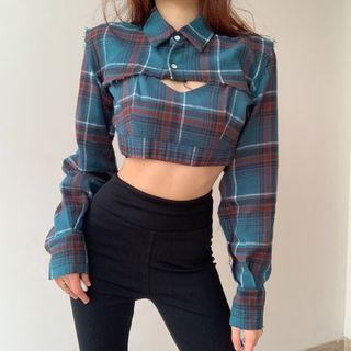 Set: Long-sleeve Plaid Crop Shirt + Tank Top