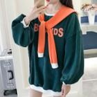 Set: Letter Corduroy Long-sleeve Sweatshirt + Scarf