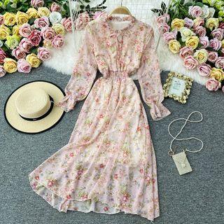 Bow-neck Retro Floral Print Long-sleeve Chiffon Dress Pink - One Size