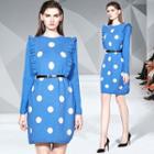 Dotted Long-sleeve A-line Knit Dress Blue - One Size