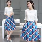 Set: Elbow-sleeve Blouse + Patterned A-line Skirt