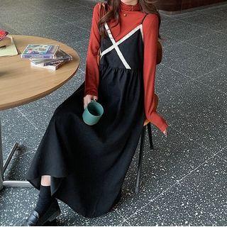 Long-sleeve Turtleneck T-shirt / Lace Trim Midi Overall Dress